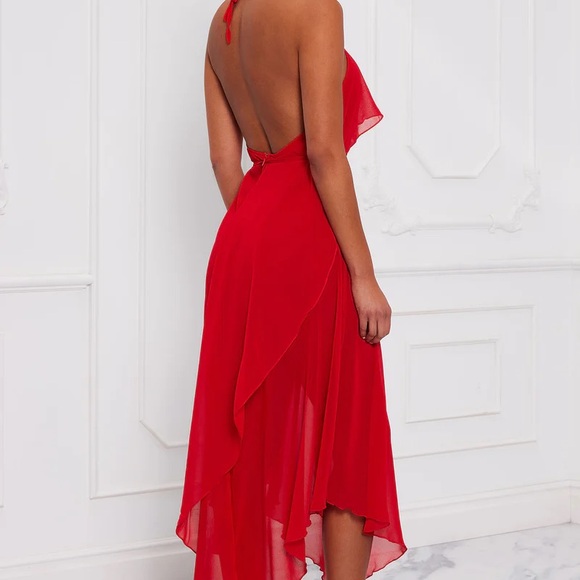 Red Flower Rose Rosette Halter High Low Chiffon Dress - Picture 3 of 6